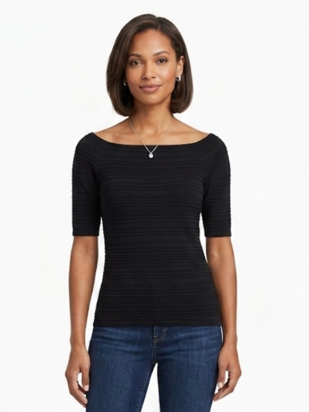 Boston Proper Black Ribbed Short-Sleeve Knit Top Small